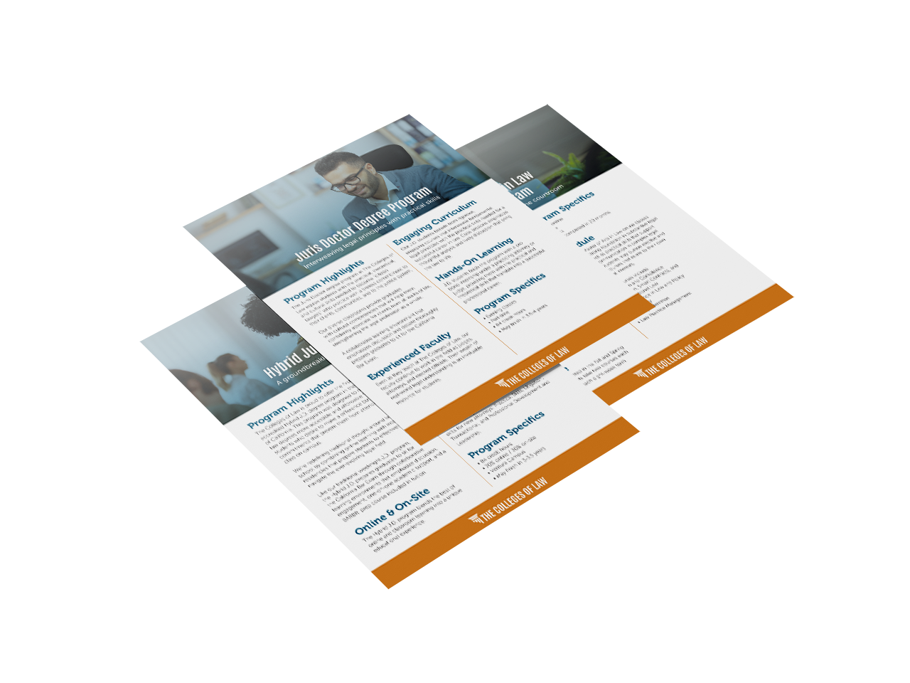 Mockup of three One Sheets for different Colleges of Law Programs