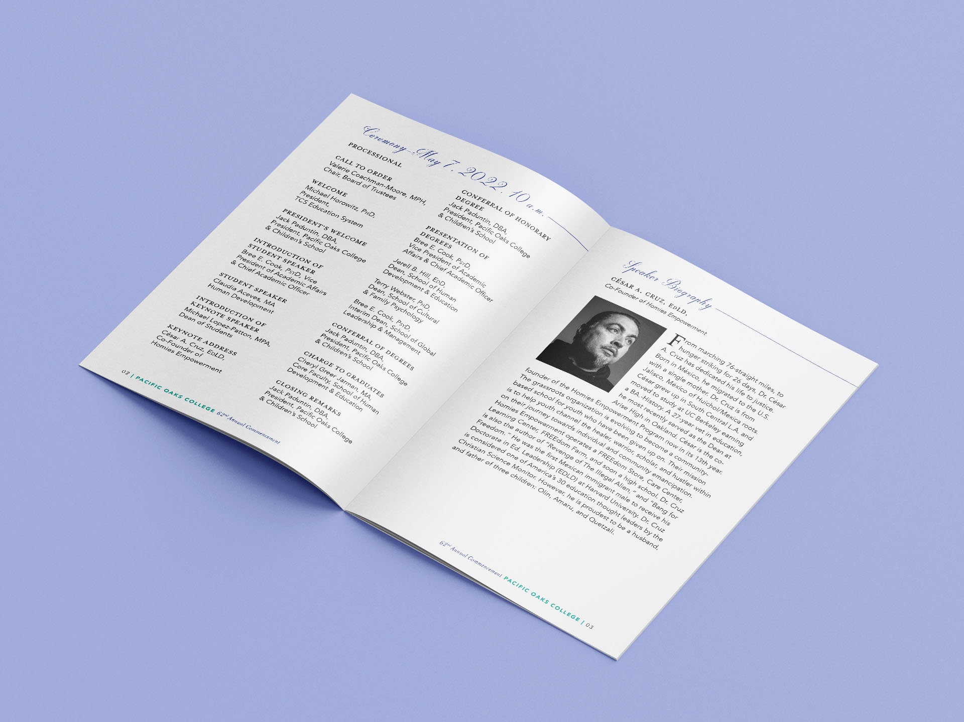 Pacific Oaks College 2022 Commencement Booklet Spread Example 1