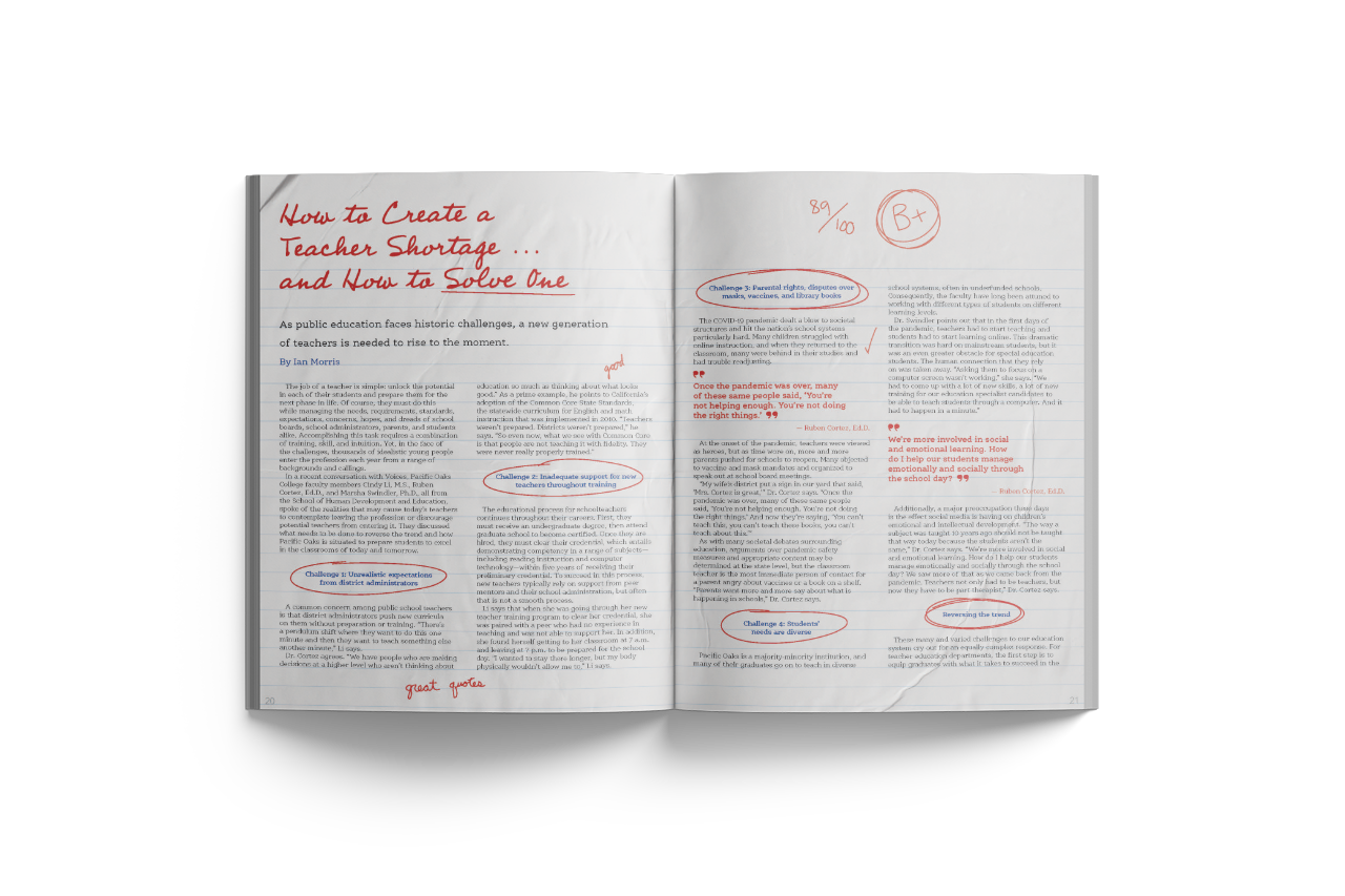 Voices Summer 2023 How to Create a Teacher Shortage...and How to Solve One Spread Mockup